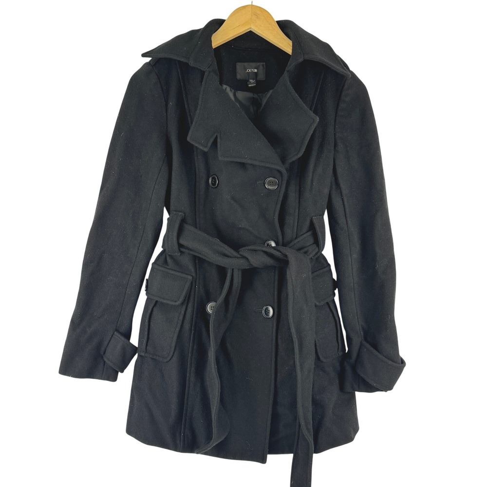 Joe's Jeans Black Wool Cashmere Blend Double Breasted Belted Trench Coat Small